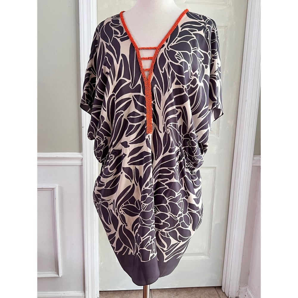Leifnotes Tunic Dress 6 Womens Beaded V-Neck Floral Kaftan Gray Resort Boho